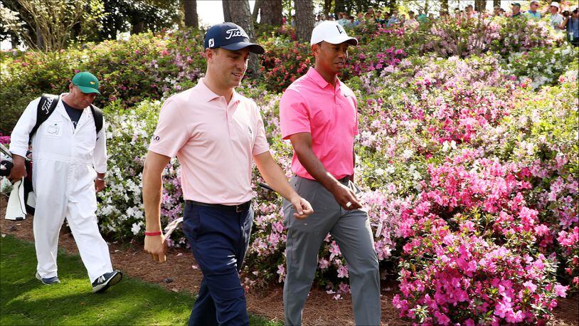 AUGUSTA, GA - APRIL 02:  Justin Thomas amd Tiger Woods of the United States walk on the seventh hole  during a practice round prior to the start of the 2018 Masters Tournament at Augusta National Golf Club on April 2, 2018 in Augusta, Georgia.  (Photo by Jamie Squire/Getty Images)