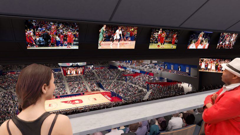 Renderings of proposed renovations to UD Arena. The $12.5 million in renovations will feature new premier seating, an expanded concourse and changes to the building’s exterior. CONTRIBUTED