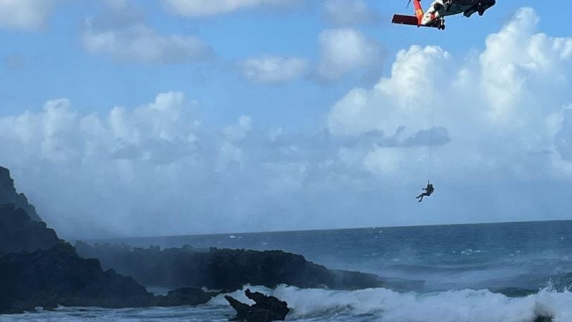 The U.S. Coast Guard helicopter rescue team at the Annaly Bay-Carambola tide pools in St. Croix, coming to the aid of Dean Waggenspack, a Kettering resident who was trapped in a cave-like shaft near the tide pools during a Thanksgiving vacation on Nov. 22, 2022. CONTRIBUTED