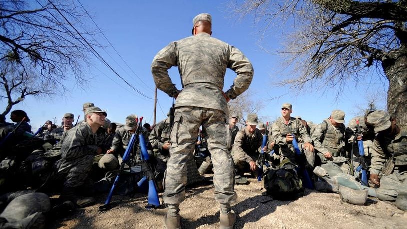 Master Sergeant Tim Burton, Military Training Instructor, 737 Training Support Squadron, prepares his basic trainees for gas mask training at the Basic Expeditionary Airman Skills Training program in Medina AB, San Antonio, Texas, in this 2009 Air Force photo.