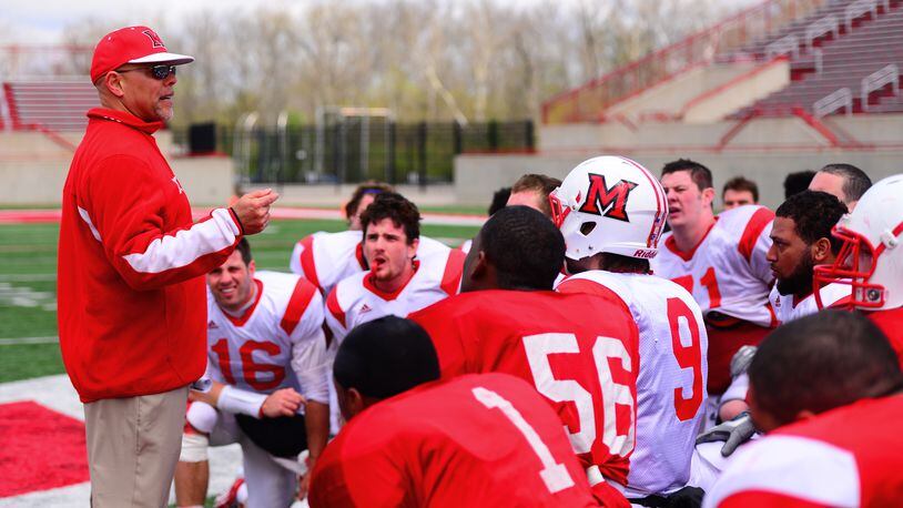 Miami University football head coach Don Treadwell talks to his team after the Spring Showcase Scrimmage at Yager Stadium in Oxford, Ohio on Saturday, April 20. PHOTO CONTRIBUTED BY PAT STRANG