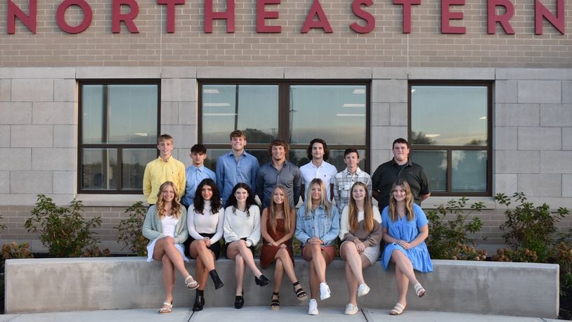 Members of the Northeastern High School 2022 Homecoming Court are, front row: Grace Chadwell, Hailey Neer, Emma Stamper, Cali Gilbert, Reese Donaldson, Joslin Mefford and Shelby Hastings; and back row: Luke Mefford, Brock Hatfield, Brady Gillam, Hunter Albright, Adam Laughbaum, Grant Goodfellow and Kippy Hall.
The Northeastern High School Homecoming Parade will begin at 6 p.m. on Thursday, Sept. 29 at the United Church of South Vienna and will travel down Main Street, finishing in the parking lot of the new Northeastern PK-12 Campus. CONTRIBUTED