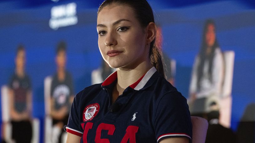 Gymnast Evita Griskenas is shown during a press conference at the Team USA Media Summit Monday, April 15, 2024, in New York. (AP Photo/Brittainy Newman)