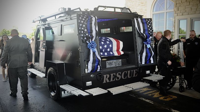 The casket of Clark County Sheriff’s Deputy Matthew Yates is loaded into the SWAT vehicle that will transport his remains to the cemetery in this August 1, 2022, file photo. MARSHALL GORBY/STAFF