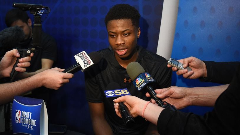 CHICAGO, IL - MAY 17:  Kostas Antetokounmpo speaks with reporters during Day One of the NBA Draft Combine at Quest MultiSport Complex on May 17, 2018 in Chicago, Illinois.  NOTE TO USER: User expressly acknowledges and agrees that, by downloading and or using this photograph, User is consenting to the terms and conditions of the Getty Images License Agreement.  (Photo by Stacy Revere/Getty Images)