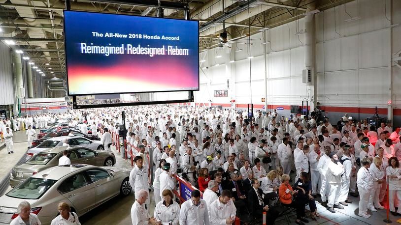 Hundreds of Honda Asoociates gathered for the unveiling of the all new 2018 Honda Accord at the Marysville plant Monday. The automaker is hiring 300 new workers to support production of the car. Bill Lackey/Staff