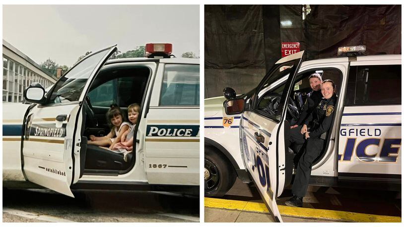 Two sisters, Springfield Police Division officers Annmeri Turner (front) and  Antonia Turner, are shown in a collage of a photo taken 20 years ago in their father's cruiser, former Lt. Lou Turner, and in a cruiser this year after Annmeri joined the force with Antonia. A social media post attracted attention to the Turner family's police work. CONTRIBUTED