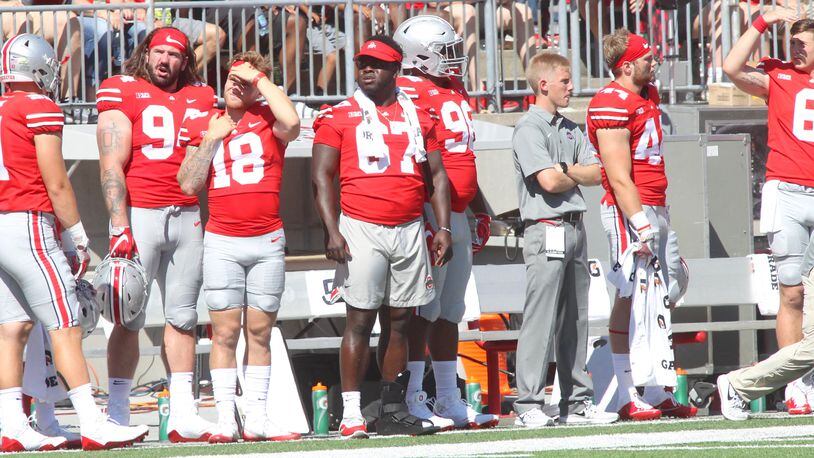 Ohio State's Robert Landers stands on the sideline during a game against UNLV on Saturday, Sept. 23, 2017, at Ohio Stadium in Columbus.