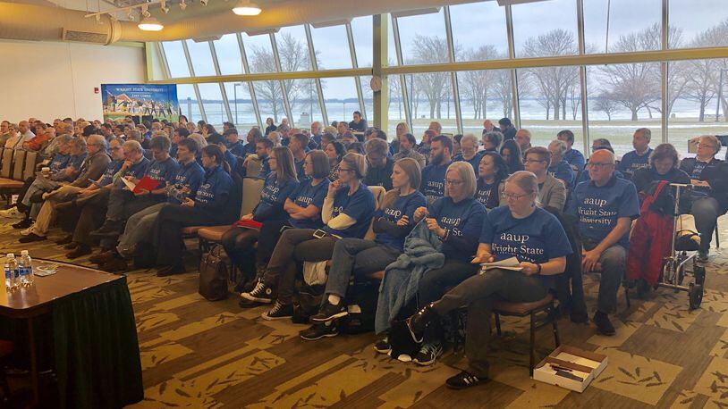 Dozens of members of Wright State University’s faculty union showed up for a board of trustees meeting at the school’s Lake Campus on Friday. The union and administration are locked into an heated, ongoing contract negotiations.