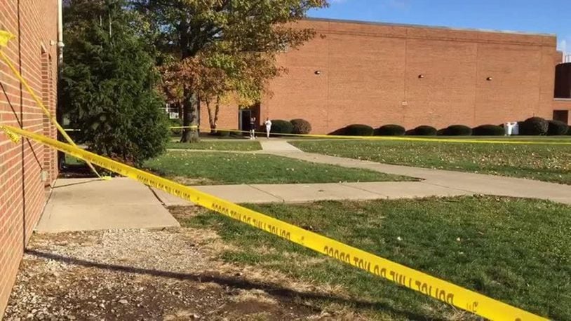 Shown is the scene shortly after a shooting at Urbana University Tuesday.
