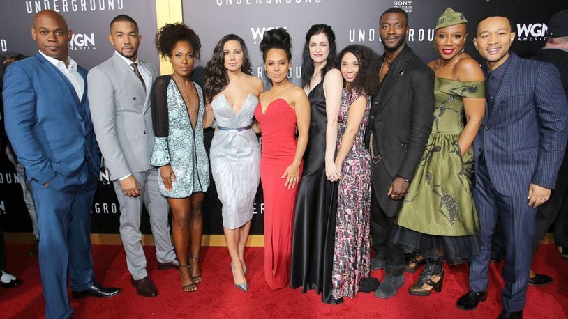 WESTWOOD, CA - MARCH 01: (L-R) Actors Bokeem Woodbine, Alano Miller, DeWanda Wise, Jurnee Smollett-Bell, Amirah Vann, Jessica de Gouw, Jasika Nicole, Aldis Hodge, Aisha Hinds, and actor/singer/executive producer John Legend attend WGN America’s “Underground” Season Two Premiere Screening at Regency Village Theatre on March 1, 2017 in Westwood, California. (Photo by Rachel Murray/Getty Images for WGN America)
