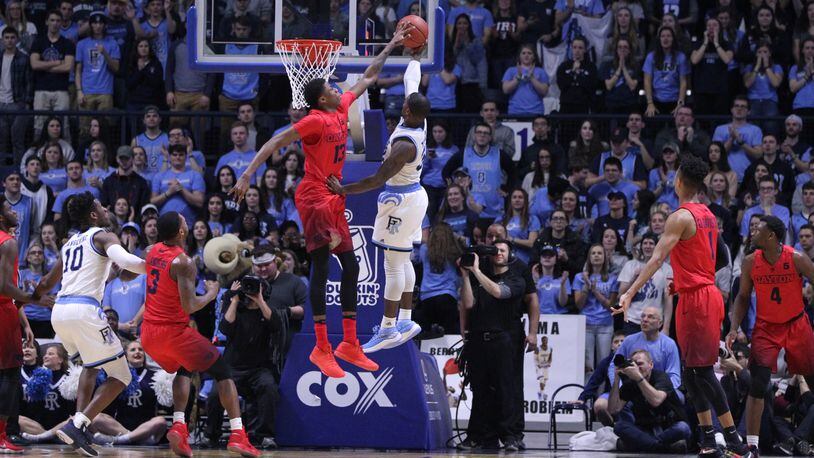 Dayton's Kostas Antetokounmpo blocks a shot against Rhode Island in the first half on Friday, Feb. 23, 2018, at the Ryan Center in Kingston, R.I.