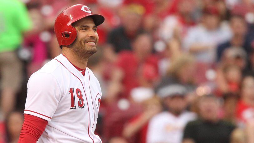The Reds’ Joey Votto smiles after striking out against the Cardinals on Monday, June 5, 2017, at Great American Ball Park in Cincinnati. David Jablonski/Staff