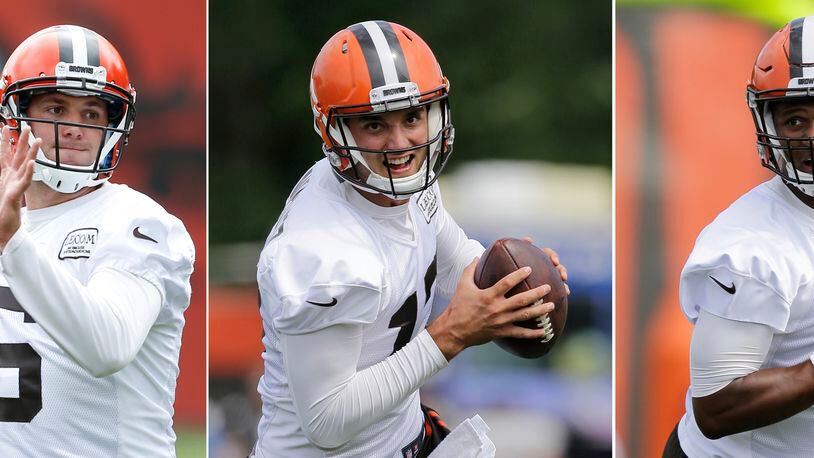 FILE - From left are 2017 file photos showing Cleveland Browns quarterbacks Cody Kessler, Brock Osweiler and DeShone Kizer during practice at the NFL football team’s training camp in Berea, Ohio. The Browns’ three-way quarterback competition moves onto a larger stage as the team conducts a scrimmage at FirstEnergy Stadium, Friday, Aug. 4, 2017. (AP Photo/Tony Dejak, File)