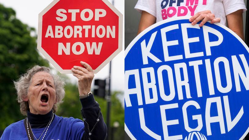 A woman holds a sign saying "stop abortion now," at a protest outside of the U.S. Supreme Court in Washington on May 5, 2022, left, and another woman holds a sign during a news conference for reproductive rights in response to the leaked draft of the Supreme Court's opinion to overturn Roe v. Wade, in West Hollywood, Calif., on March 3, 2022. (AP Photo)