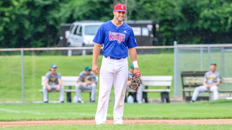 Champion City Kings first baseman Jett Swetland smiles during a break in the action during their game against the West Virginia Miners on June 5 at Carleton Davidson Stadium. Swetland is back with the team after playing for the Kings in 2016 and 2017. CONTRIBUTED PHOTO BY MICHAEL COOPER