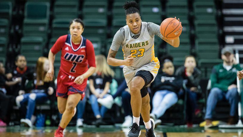 Wright State’s Symone Simmons scored 15 points and grabbed 15 rebounds in the Raiders’ 73-47 win over UIC on Thursday night at the Nutter Center. Tim Ganz/CONTRIBUTED