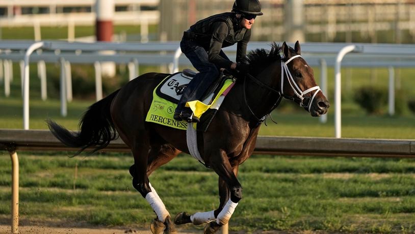 Kentucky Derby hopeful Fierceness works out at Churchill Downs Monday, April 29, 2024, in Louisville, Ky. The 150th running of the Kentucky Derby is scheduled for Saturday, May 4. (AP Photo/Charlie Riedel)