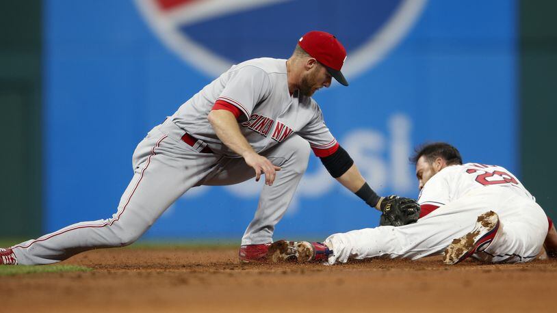 Zack Cozart #2 of the Cincinnati Reds tags out Jason Kipnis #22 of the Cleveland Indians attempting to steal second base during the seventh inning at Progressive Field on May 24, 2017 in Cleveland, Ohio. (Photo by Ron Schwane/Getty Images)