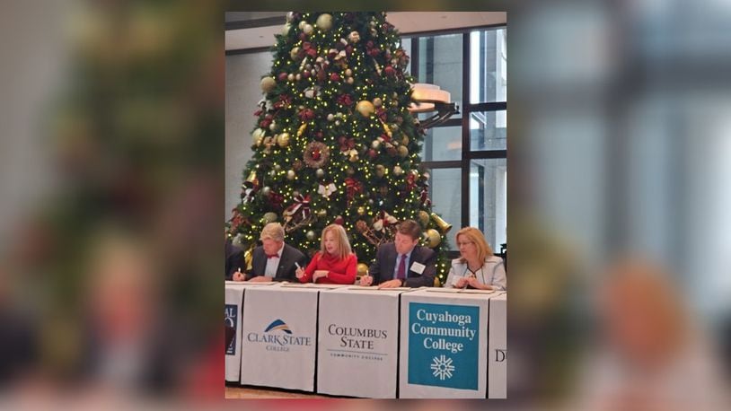 Clark State College president Dr. Jo Alice Blondin participated in a signing ceremony for the Ohio Consortium for Transfer Pathways to the Liberal Arts, held on Dec. 7 in Columbus. Photo provided by Clark State College.