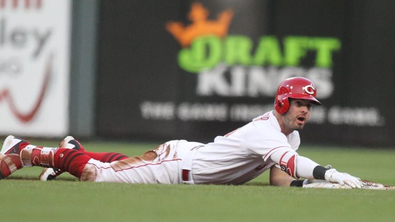 The Reds’ Jesse Winker slides into second base after a double against the Brewers on Monday, April 30, 2018, at Great American Ball Park in Cincinnati. David Jablonski/Staff