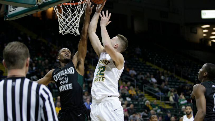 Parker Ernsthausen scores a basket during Wright State’s 55-51 win against Cleveland State on Jan. 5. TIM ZECHAR/CONTRIBUTED PHOTO