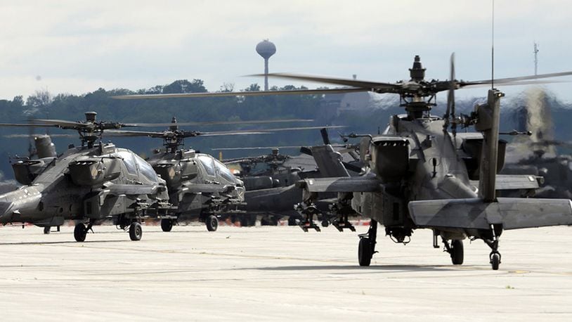 U.S. Army AH-64 Apache helicopters from the 4th Infantry Division’s 4th Combat Aviation Brigade used Wright-Patterson Air Force Base, Ohio, as a stopover May 20, 2020. The helicopters are in transit from their home post of Fort Carson, Colo., to Fort Drum, N.Y. (U.S. Air Force photo by Ty Greenlees)
