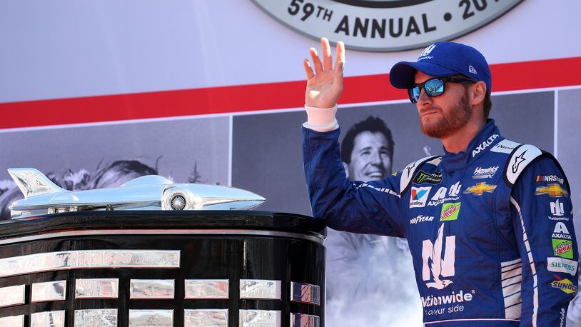 DAYTONA BEACH, FL - FEBRUARY 26: Dale Earnhardt Jr., driver of the #88 Nationwide Chevrolet, is introduced onstage during the 59th Annual DAYTONA 500 at Daytona International Speedway on February 26, 2017 in Daytona Beach, Florida. (Photo by Chris Graythen/Getty Images)