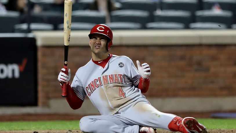 NEW YORK, NEW YORK - APRIL 29:  Jose Iglesias #4 of the Cincinnati Reds is hit by a pitch in the eighth inning against the New York Mets at Citi Field on April 29, 2019 in the Flushing neighborhood of the Queens borough of New York City.The Cincinnati Reds defeated the New York Mets 5-4. (Photo by Elsa/Getty Images)