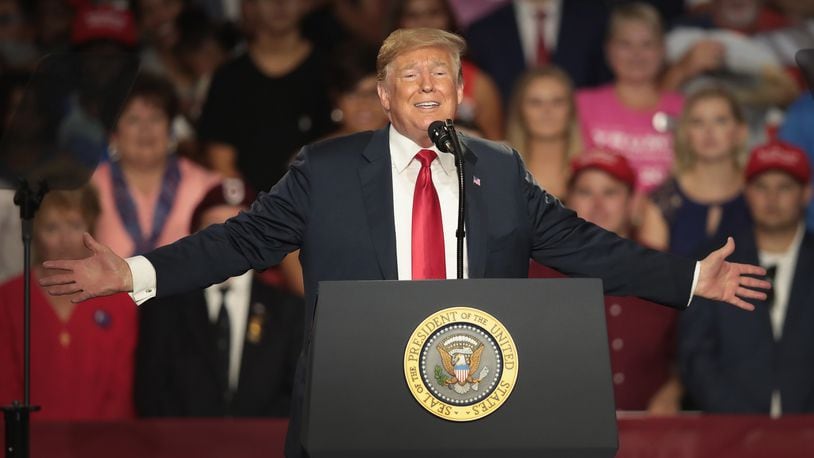 LEWIS CENTER, OH - AUGUST 04:  President Donald Trump speaks at a rally to show support for Ohio Republican congressional candidate Troy Balderson on August 4, 2018 in Lewis Center, Ohio.  Balderson faces Democratic challenger Danny O'Connor for Ohio's 12th Congressional District on Tuesday.  (Photo by Scott Olson/Getty Images)