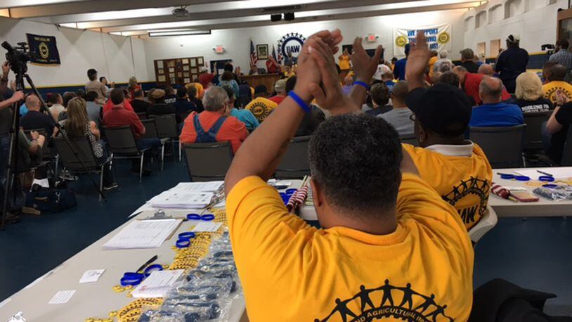 Some 200 people attended a United Auto Workers rally in April at the UAW 696 hall in Dayton. Organizers said 75 to 100 Fuyao Glass America workers signed attendance sheets at the meeting. The UAW hopes to organize Fuyao’s 2,000-worker plant in Moraine. THOMAS GNAU/STAFF