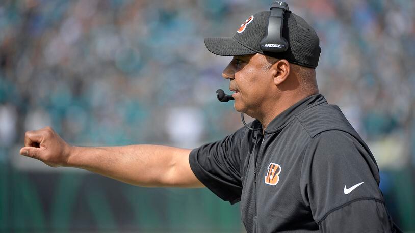 Cincinnati Bengals head coach Marvin Lewis directs his team against the Jacksonville Jaguars during the first half of an NFL football game, Sunday, Nov. 5, 2017, in Jacksonville, Fla. (AP Photo/Phelan M. Ebenhack)