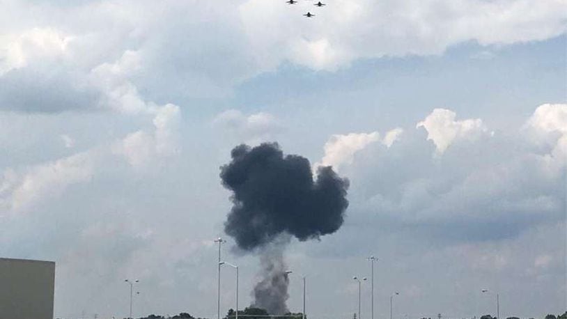 An F/A-18 Super Hornet with the Navy’s elite demonstration squadron, Blue Angels, crashed shortly after take-off Thursday near Nashville, as its wreckage erupted in flames in a Smyrna, Tenn., neighborhood. An initial Navy report identified it as Blue Angels plane No. 6. COURTESY OF MICHAEL BENNETT