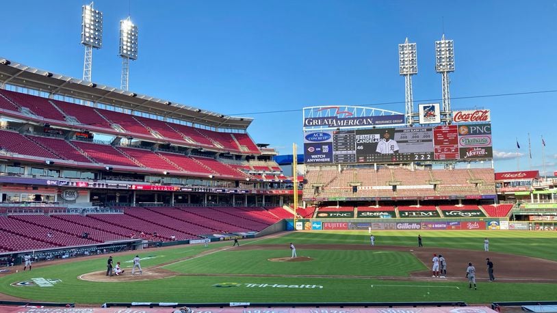 The scene as the Cincinnati Reds play the Tigers on Opening Day on Friday, July 24, 2020, at Great American Ball Park in Cincinnati.