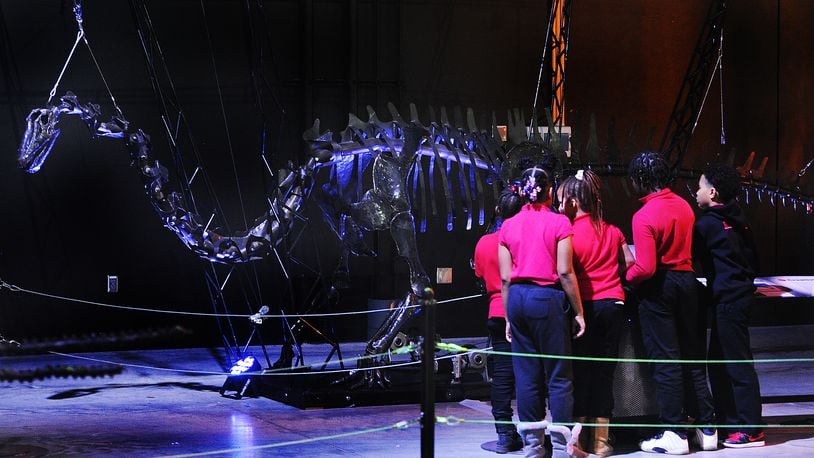 The ‘Dinosaurs in Motion’ exhibit at the National Museum of U.S. Air Force includes 14 interactive dinosaur sculptures. The display is to educate people on the long-lost inhabitants of planet Earth. Guests will be able to see metal skeletons of Triceratops, Ankylosaurus, Tyrannosaurus and more. These dinosaurs are also interactive, as guests can make them move and bite using remote controls. The exhibit runs from Feb. 17-May 13. MARSHALL GORBY\STAFF