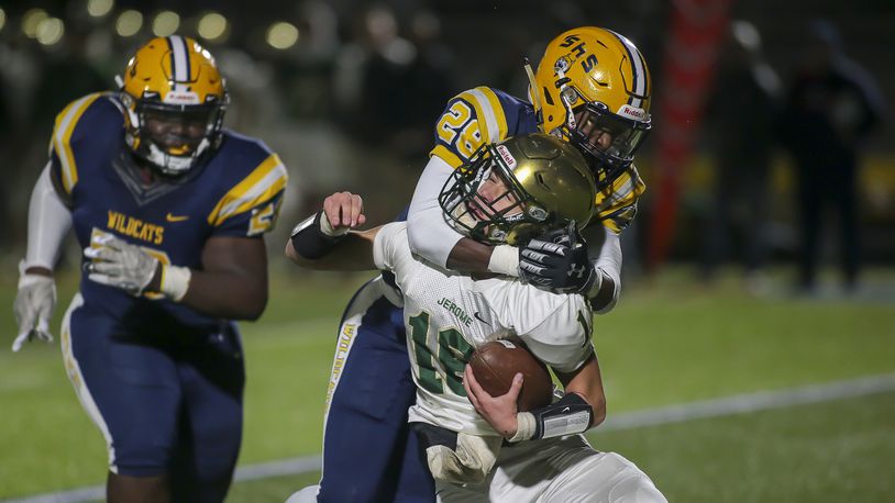 Springfield High School linebacker Jaivian Norman sacks Dublin Jerome quarterback Zakk Tschirhart during their game last season in Springfield. Norman recently committed to Eastern Michigan. CONTRIBUTED PHOTO BY MICHAEL COOPER