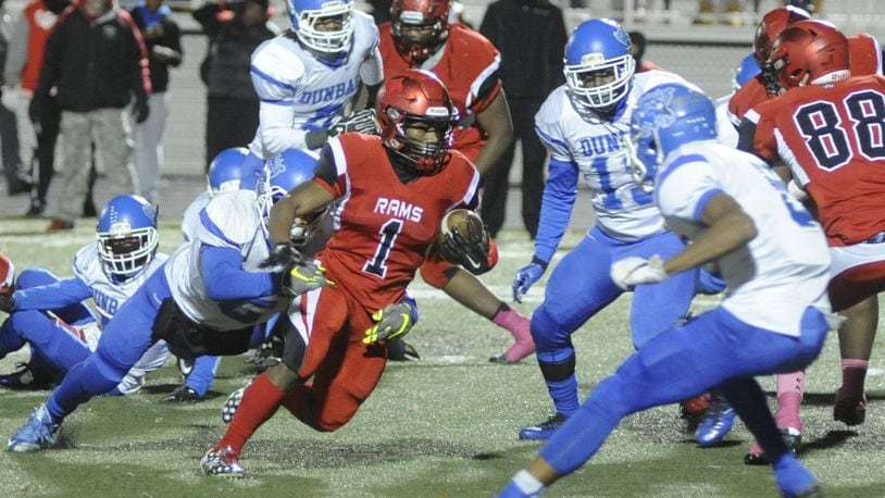 Trotwood’s Ra’veion Hargrove had 93 yards rushing and scored. Trotwood-Madison defeated Dunbar 64-26 in a D-III, Region 12 high school football playoff semifinal at Butler on Friday, Nov. 10, 2017. MARC PENDLETON / STAFF