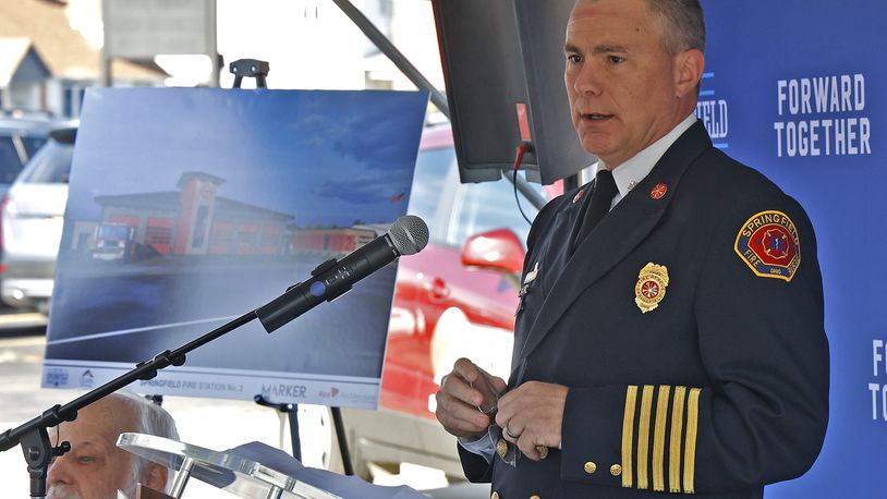 Springfield Fire Chief Brian Miller speaks during a groundbreaking ceremony for the new 16,221-square foot fire station on South Limestone Street Wednesday, Nov. 9, 2022. BILL LACKEY/STAFF
