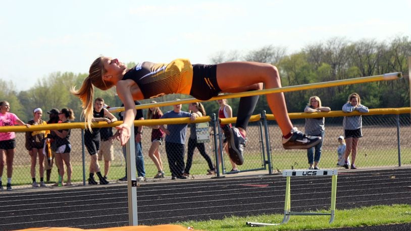 Shawnee junior Hannah Schartz just bumps the bar to miss on her final attempt at 5-2 in the high jump Tuesday at the Central Buckeye Conference championships. Schartz won her second straight CBC championship with a winning jump of 5-1. Greg Billing / Contributed