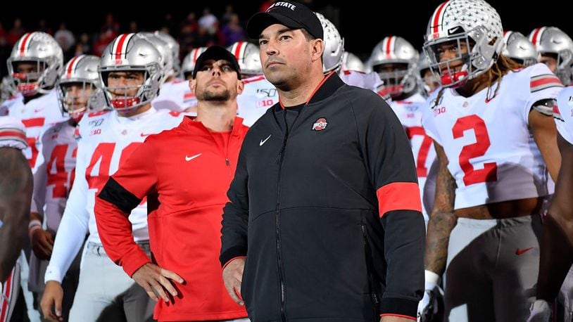 EVANSTON, ILLINOIS - OCTOBER 18: Head coach Ryan Day of the Ohio State Buckeyes and his players prepare to take the field before the game against the Northwestern Wildcats at Ryan Field on October 18, 2019 in Evanston, Illinois. (Photo by Quinn Harris/Getty Images)