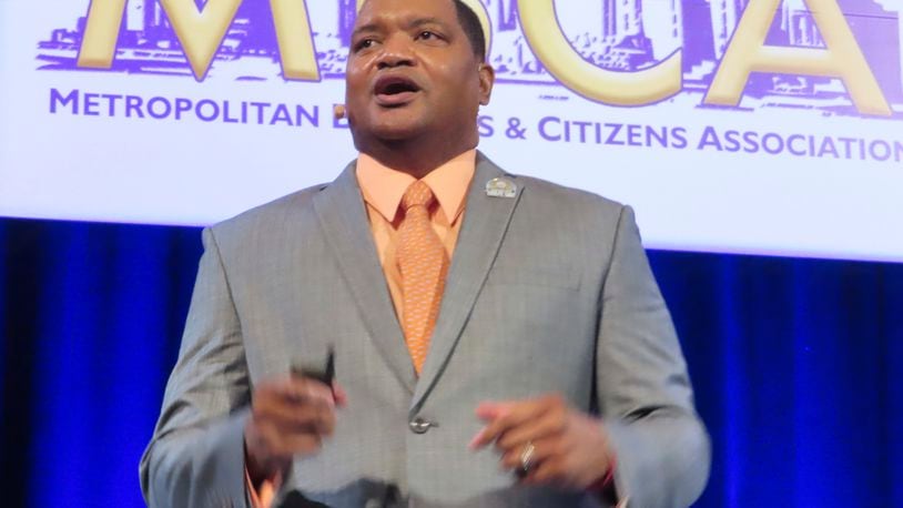 Atlantic City Mayor Marty Small speaks at an event in Atlantic City, N.J., on Feb. 2, 2024. On April 15, Small and his wife LaQuetta, the city's superintendent of schools, were charged with child endangerment and assault regarding their teenage daughter. (AP Photo/Wayne Parry)