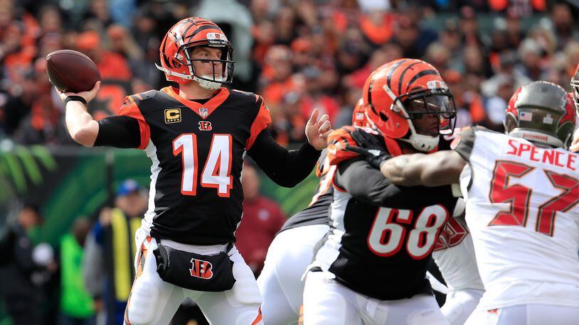 CINCINNATI, OH - OCTOBER 28: Andy Dalton #14 of the Cincinnati Bengals throws the ball against the Tampa Bay Buccaneers at Paul Brown Stadium on October 28, 2018 in Cincinnati, Ohio. (Photo by Andy Lyons/Getty Images)