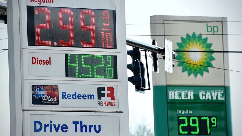 Gas prices drop below three dollars a gallon like in the stations at the intersection of Woodman and Burkhardt Monday February 6, 2023. MARSHALL GORBY \STAFF
