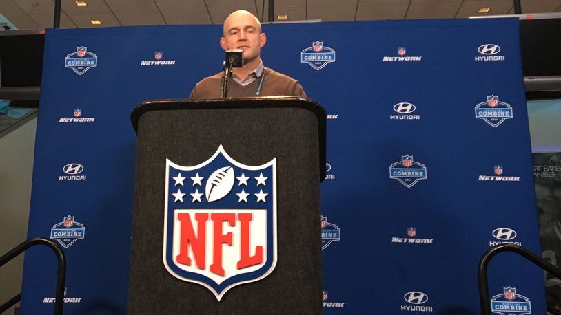 Cincinnati Bengals Director of Player Personnel Duke Tobin addresses the media at the NFL Scouting Combine in Indianapolis on Thursday. (Photo by Jay Morrison)