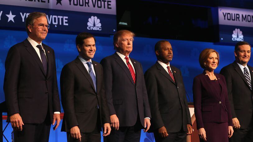 BOULDER, CO - OCTOBER 28: Presidential candidates Jeb Bush (L-R), Sen. Marco Rubio (R-FL), Donald Trump, Ben Carson, Carly Fiorina, Ted Cruz (R-TX), take the stage at the CNBC Republican Presidential Debate at University of Colorados Coors Events Center October 28, 2015 in Boulder, Colorado. Fourteen Republican presidential candidates are participating in the third set of Republican presidential debates. (Photo by Justin Sullivan/Getty Images)