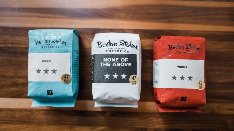 From now and until Nov. 8, customers at Boston Stoker Coffee Company will be able to cast their vote for their 2020 presidential preference by buying one of three bags: Biden, Trump or None of the Above.