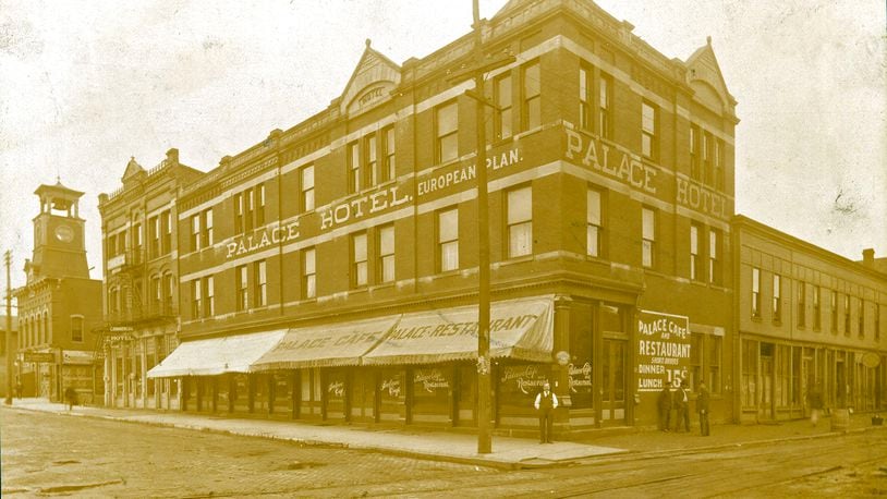 The Palace Hotel, located on the southwest corner of Fountain Avenue and Washington Street, was built in 1885 by Robert Flack Sr. This photo from around 1900 shows Palace Café and Restaurant and the 1876 Central Engine House to the left. The Palace was renamed the Fountain Hotel around 1916 and in the 1930s it became the Hotel Frances. PHOTO COURTESY OF THE CLARK COUNTY HISTORICAL SOCIETY