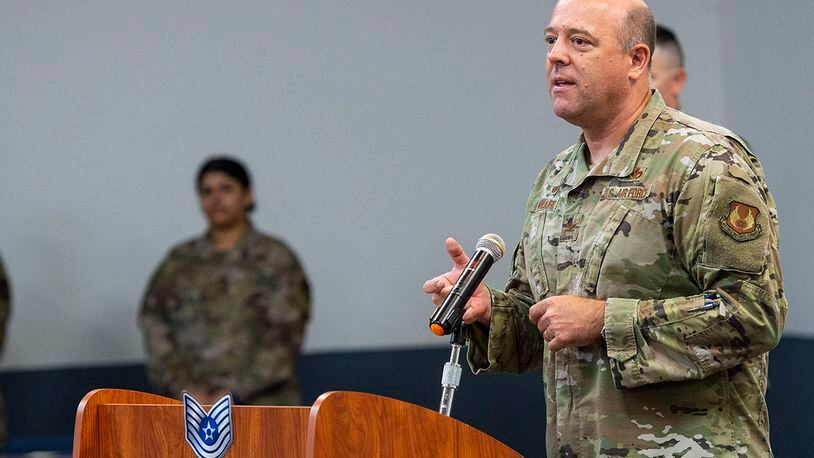 Col. Patrick Miller, 88th Air Base Wing and installation commander, provides closing remarks June 30 during the 2021 Technical Sergeant Release Party inside the Hope Hotel near Wright-Patterson Air Force Base. U.S. AIR FORCE PHOTO/WESLEY FARNSWORTH