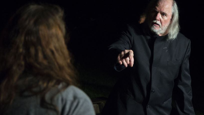 Tom Smith, as Deputy Governor Danforth, challenges Heather Berry, as Mary Warren, during a rehearsal of Arthur Miller s The Crucible Oct. 9, 2017. The Perennial Theatre Company s production of The Crucible is scheduled for Oct. 13, 14, 15, 20, 21 at the Champagne County Historical Museum in Urbana. CONTRIBUTED PHOTO BY R.J. ORIEZ