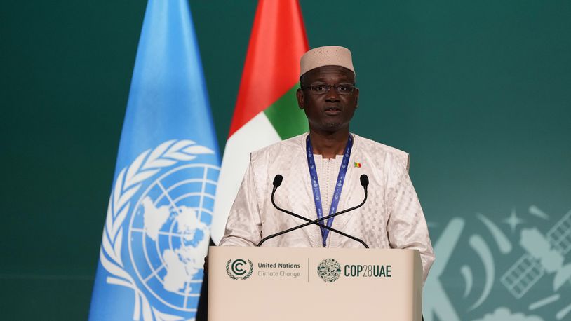 FILE - Mali Prime Minister Abdoulaye Maiga at the COP28 U.N. Climate Summit, Saturday, Dec. 9, 2023, in Dubai, United Arab Emirates. According to a notice posted on social media, Thursday, April 11, 2024, Mali’s ruling junta has banned the media from reporting on the activities of political parties and associations in the country. The ban followed a decision the previous day that banned all political party activities until further notice. (AP Photo/Kamran Jebreili, File)